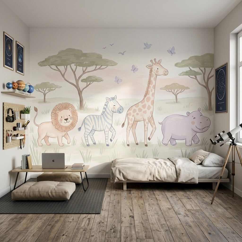 Safari Hayvanlı Poster Duvar Kağıdı Pastel Çocuk Odası Duvarı