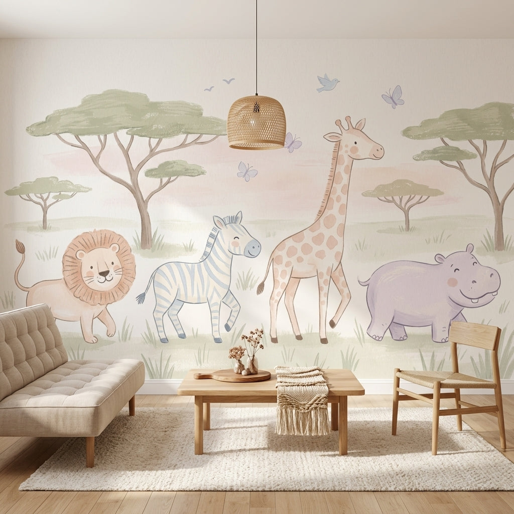 Safari Hayvanlı Poster Duvar Kağıdı Pastel Çocuk Odası Duvarı