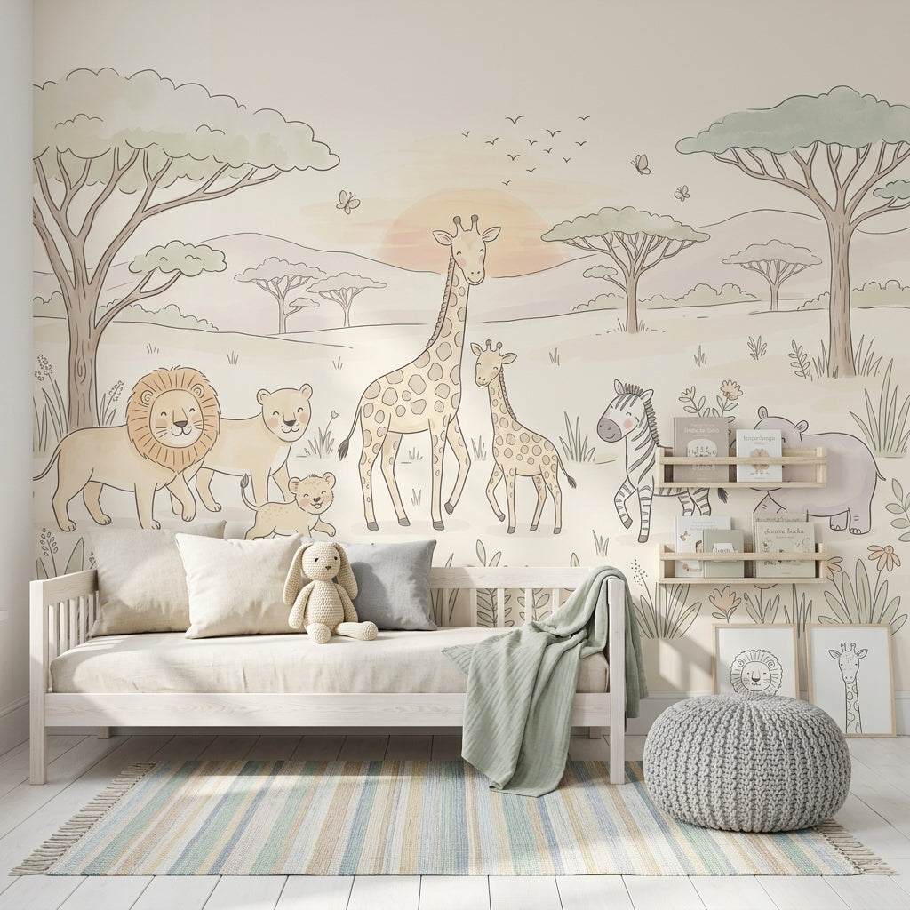 Safari Hayvanlı Poster Duvar Kağıdı Pastel Çocuk Odası Desenli