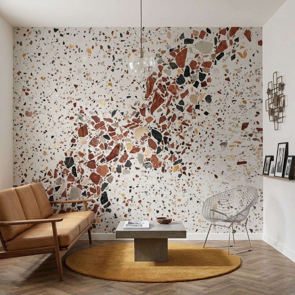 Terrazzo Desenli Poster Duvar Kağıdı Bej Kahverengi Salon Duvarı