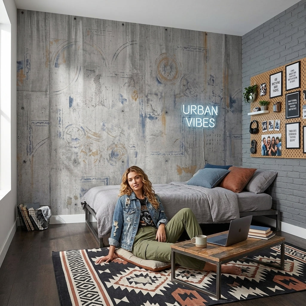 Beton Görünümlü Soyut Poster Duvar Kağıdı Gri Endüstriyel Salon