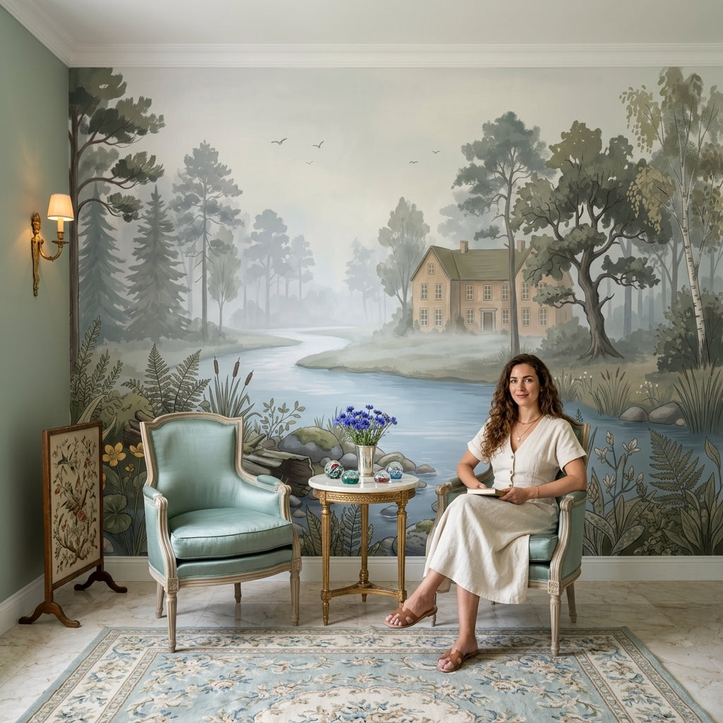 Nehir ve Orman Manzaralı Poster Duvar Kağıdı Pastel Salon