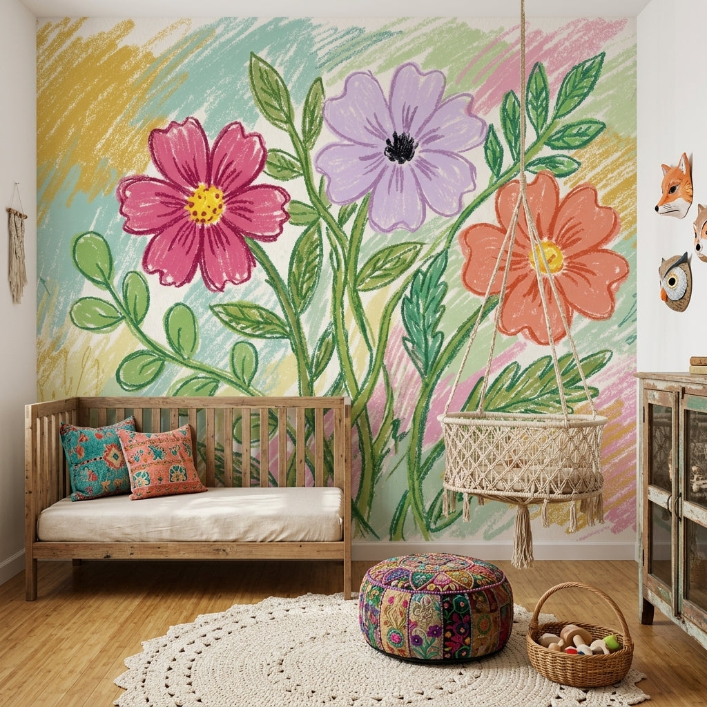 Pastel Çiçek Desenli Poster Duvar Kağıdı Çocuk Odası