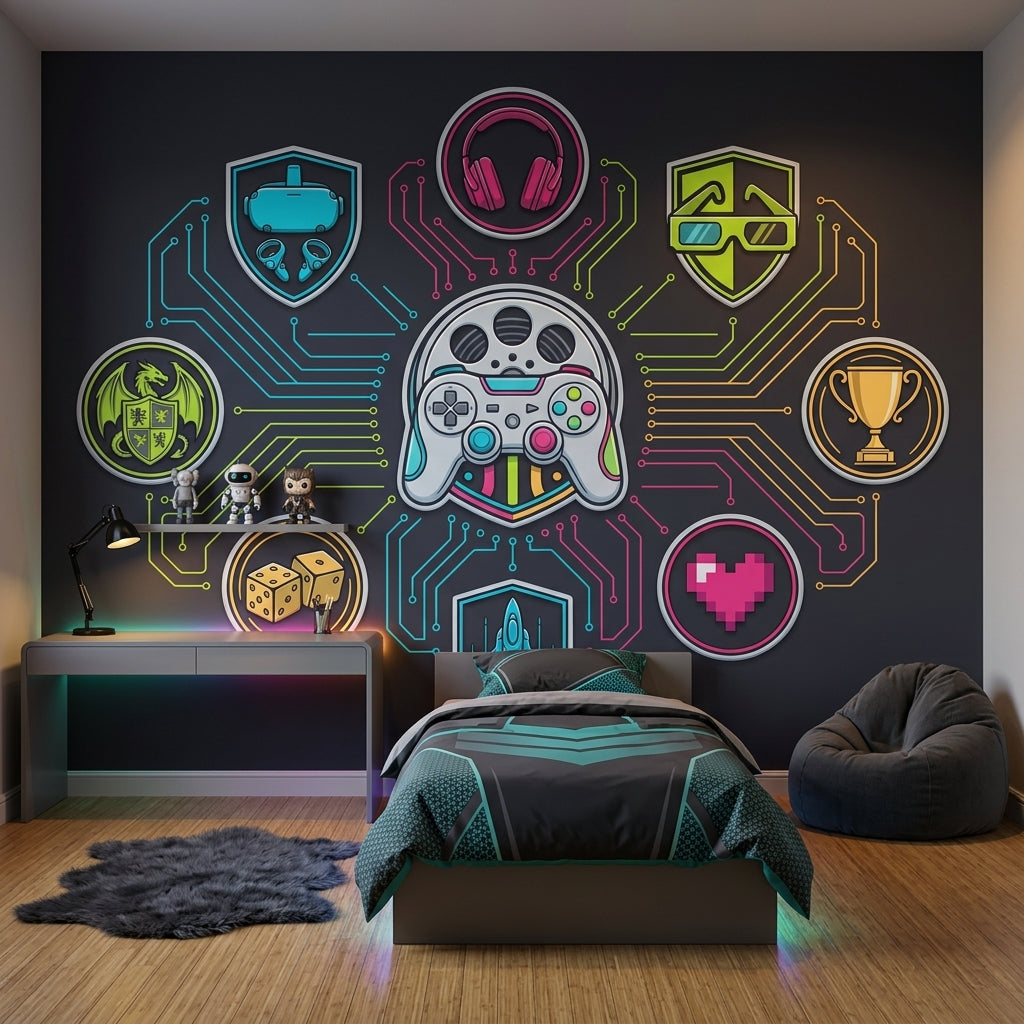 Neon Oyun Temalı Poster Duvar Kağıdı Siyah Genç Odası