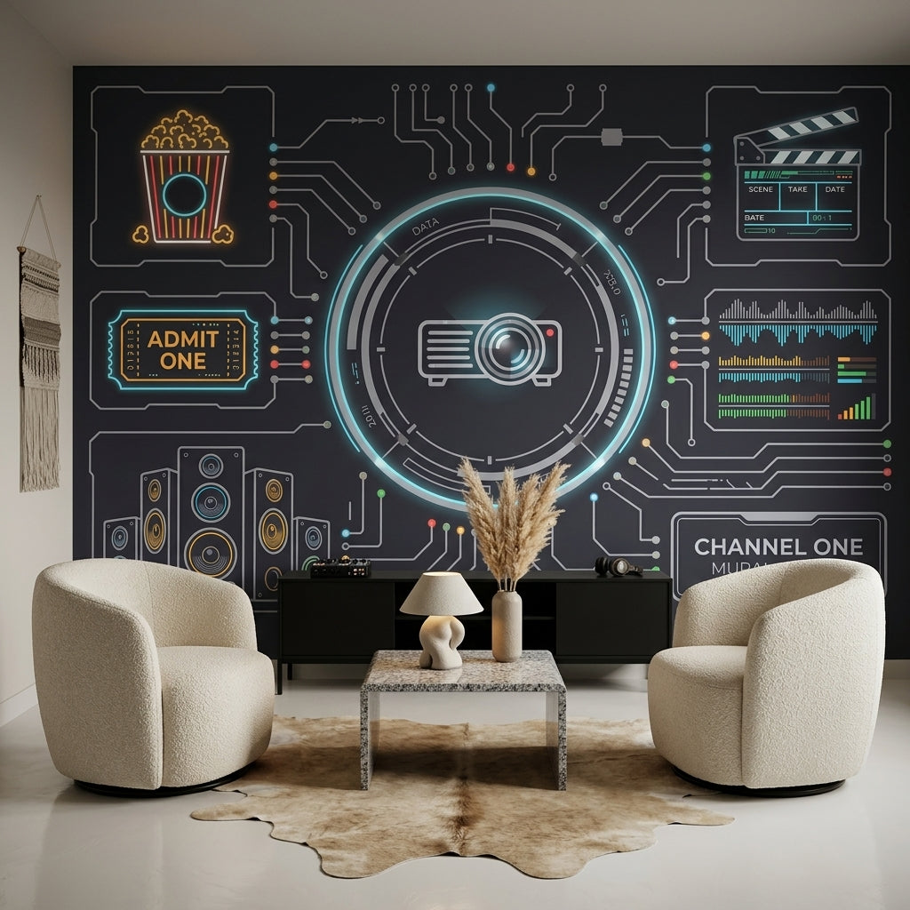 Sinema ve Teknoloji Poster Duvar Kağıdı Neon Devre Desenli