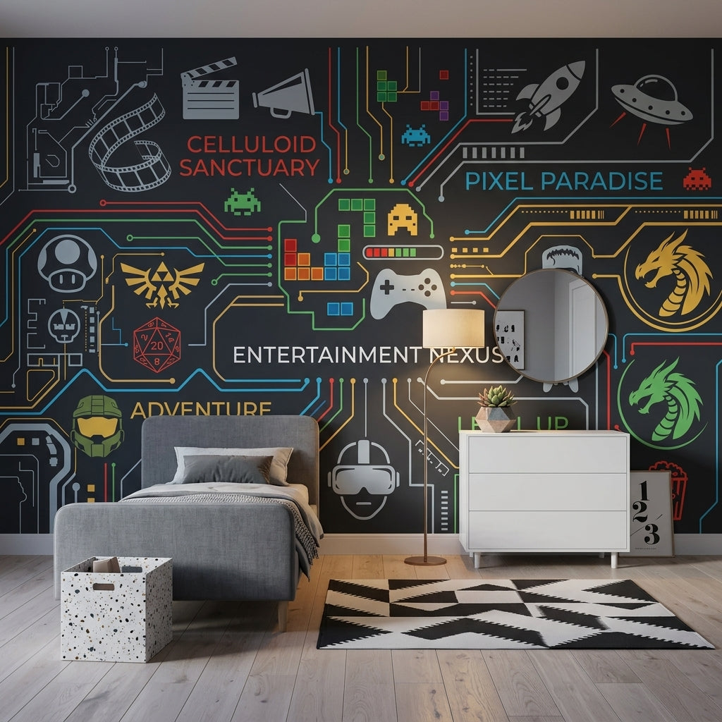 Oyun Temalı Poster Duvar Kağıdı Neon Devre Desenli Genç Odası