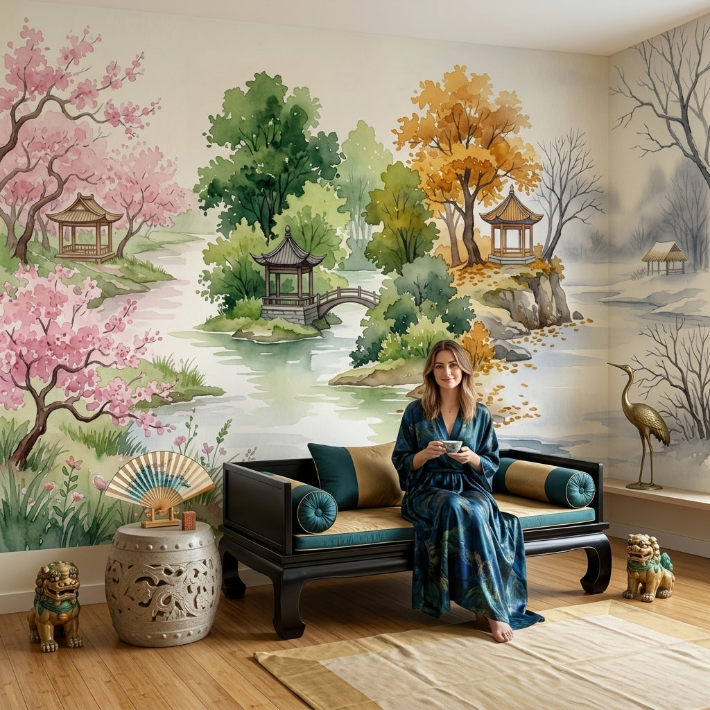 Uzak Doğu Manzaralı Poster Duvar Kağıdı Pastel Bahçe Salon