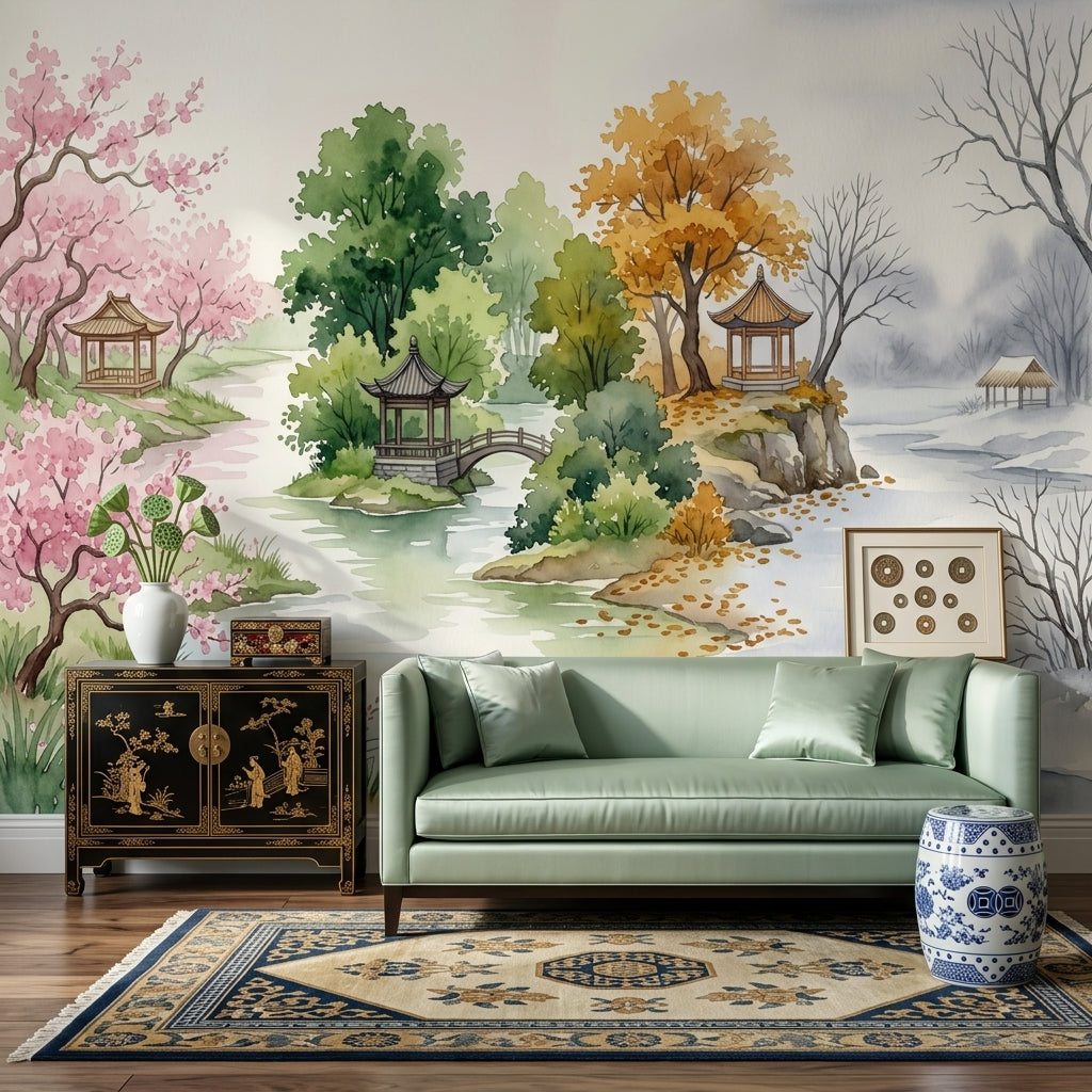 Uzak Doğu Manzaralı Poster Duvar Kağıdı Pastel Bahçe Salon