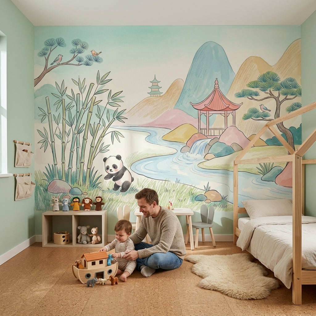 Pandalı Asya Manzarası Poster Duvar Kağıdı Pastel Çocuk Odası