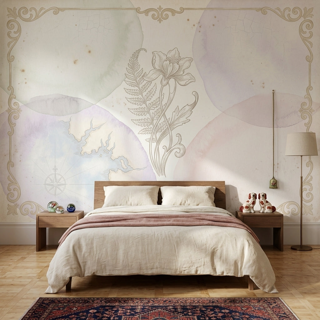 Pastel Vintage Harita ve Çiçek Poster Duvar Kağıdı Salon