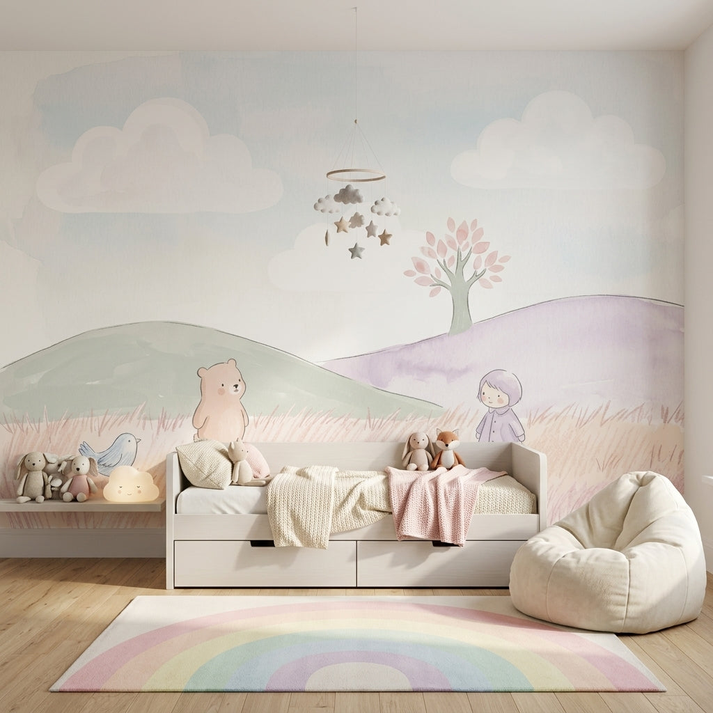 Balonlu Bulutlu Çocuk Odası Poster Duvar Kağıdı Pastel