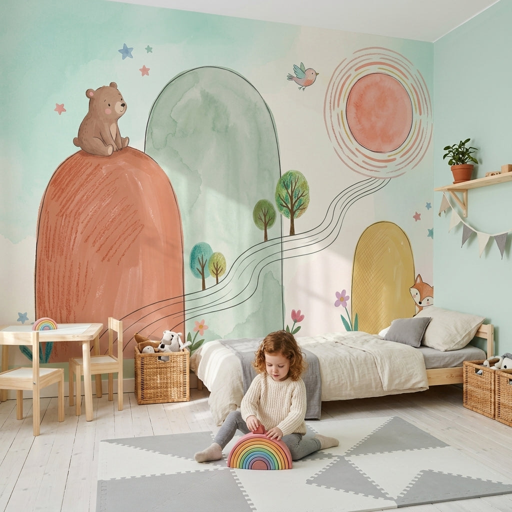 Pastel Orman Hayvanlı Poster Duvar Kağıdı Çocuk Odası Desenli