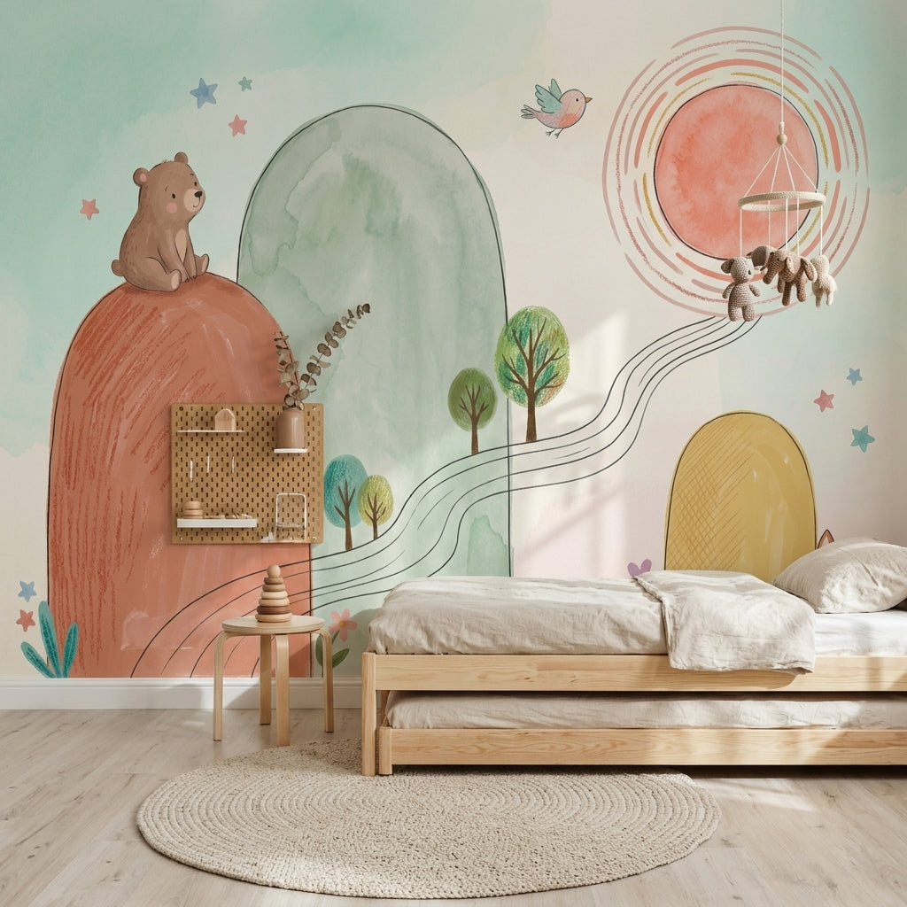 Pastel Orman Hayvanlı Poster Duvar Kağıdı Çocuk Odası Desenli