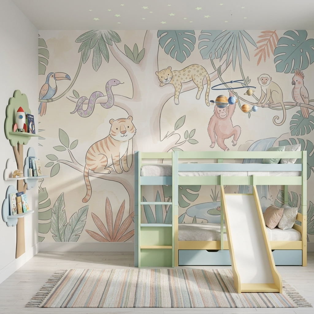 Pastel Safari Hayvanlı Poster Duvar Kağıdı Çocuk Odası Ormanı