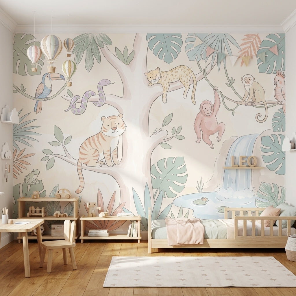 Pastel Safari Hayvanlı Poster Duvar Kağıdı Çocuk Odası Ormanı