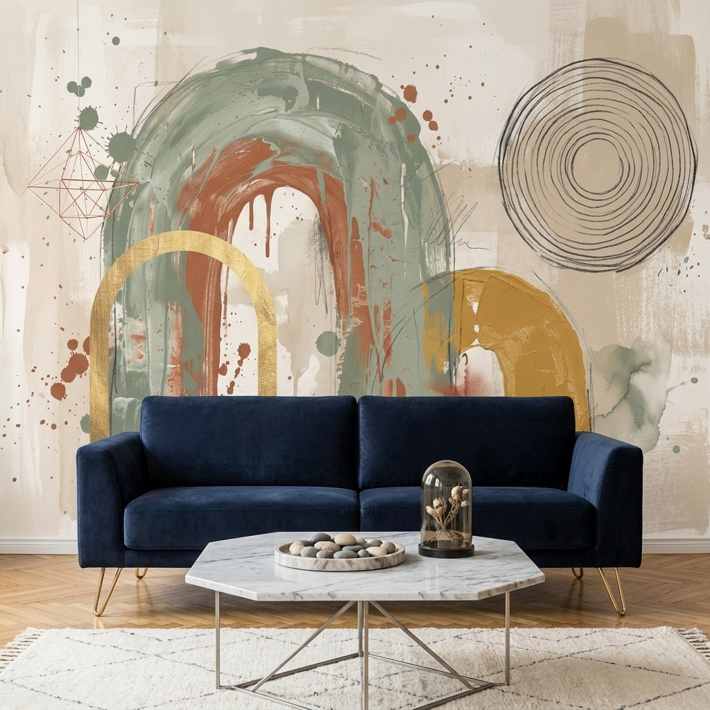 Soyut Kemer Desenli Poster Duvar Kağıdı Yeşil Bej Salon