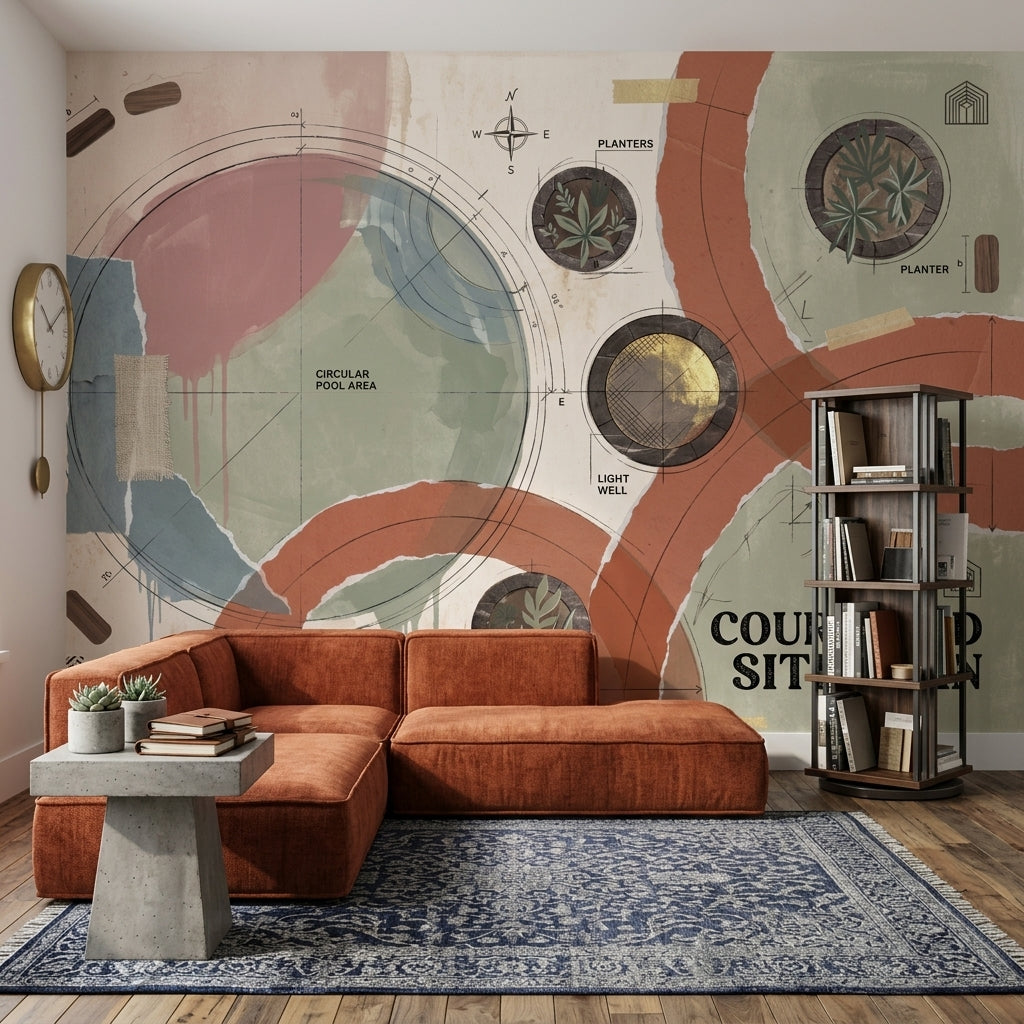 Soyut Plan Çizimli Poster Duvar Kağıdı Terracotta Yeşil Salon