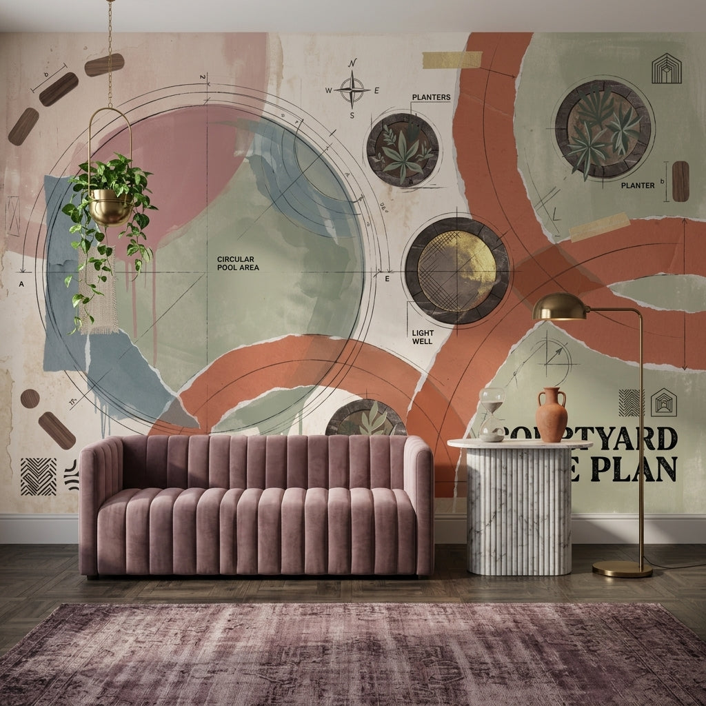 Soyut Plan Çizimli Poster Duvar Kağıdı Terracotta Yeşil Salon