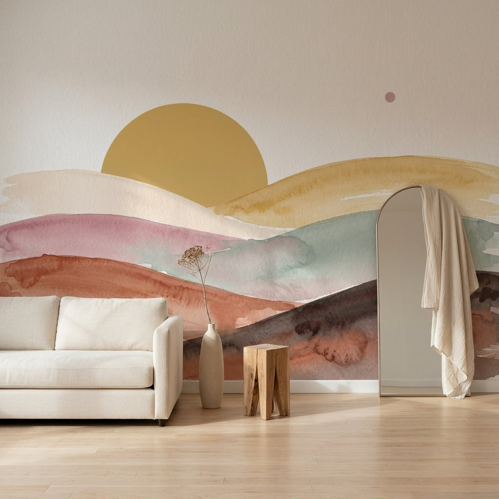 Suluboya Gün Batımı Manzaralı Poster Duvar Kağıdı Pastel Salon