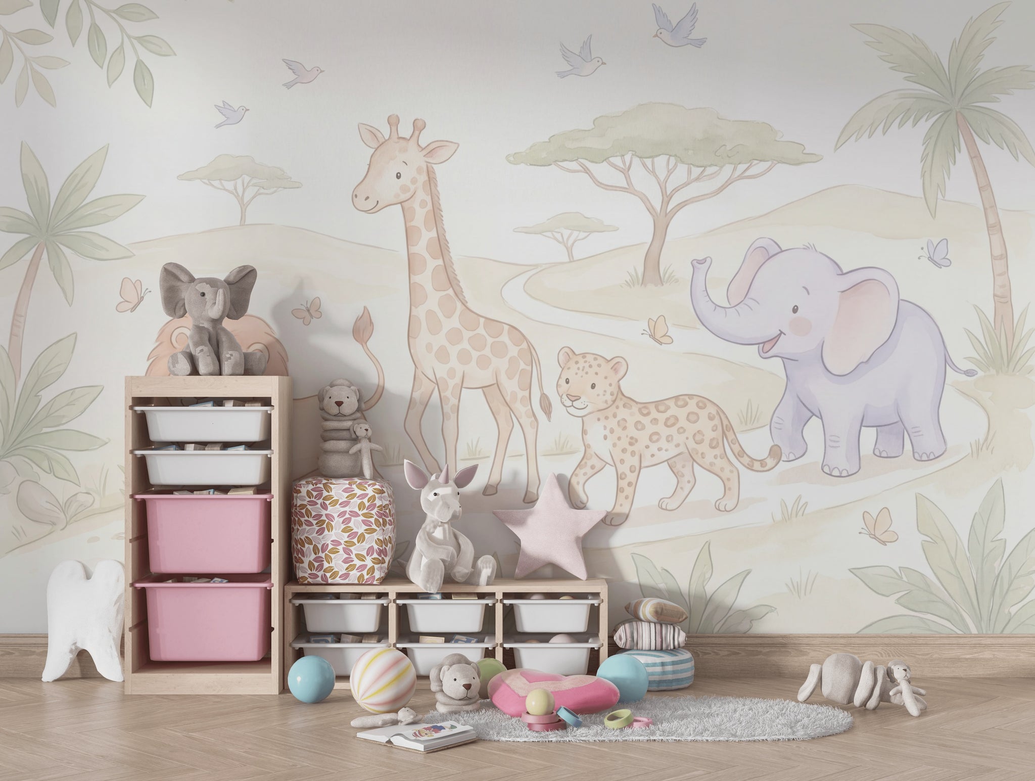 Safari Hayvanlı Poster Duvar Kağıdı Pastel Çocuk Odası Duvarı