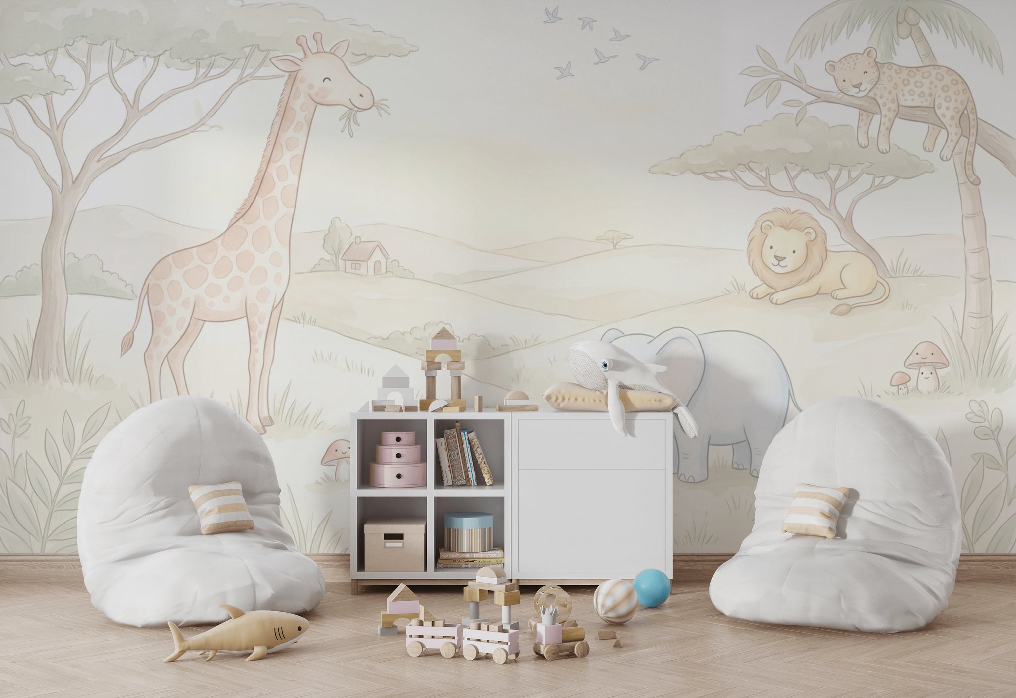 Safari Hayvanlı Poster Duvar Kağıdı Pastel Çocuk Odası Duvar Muralı