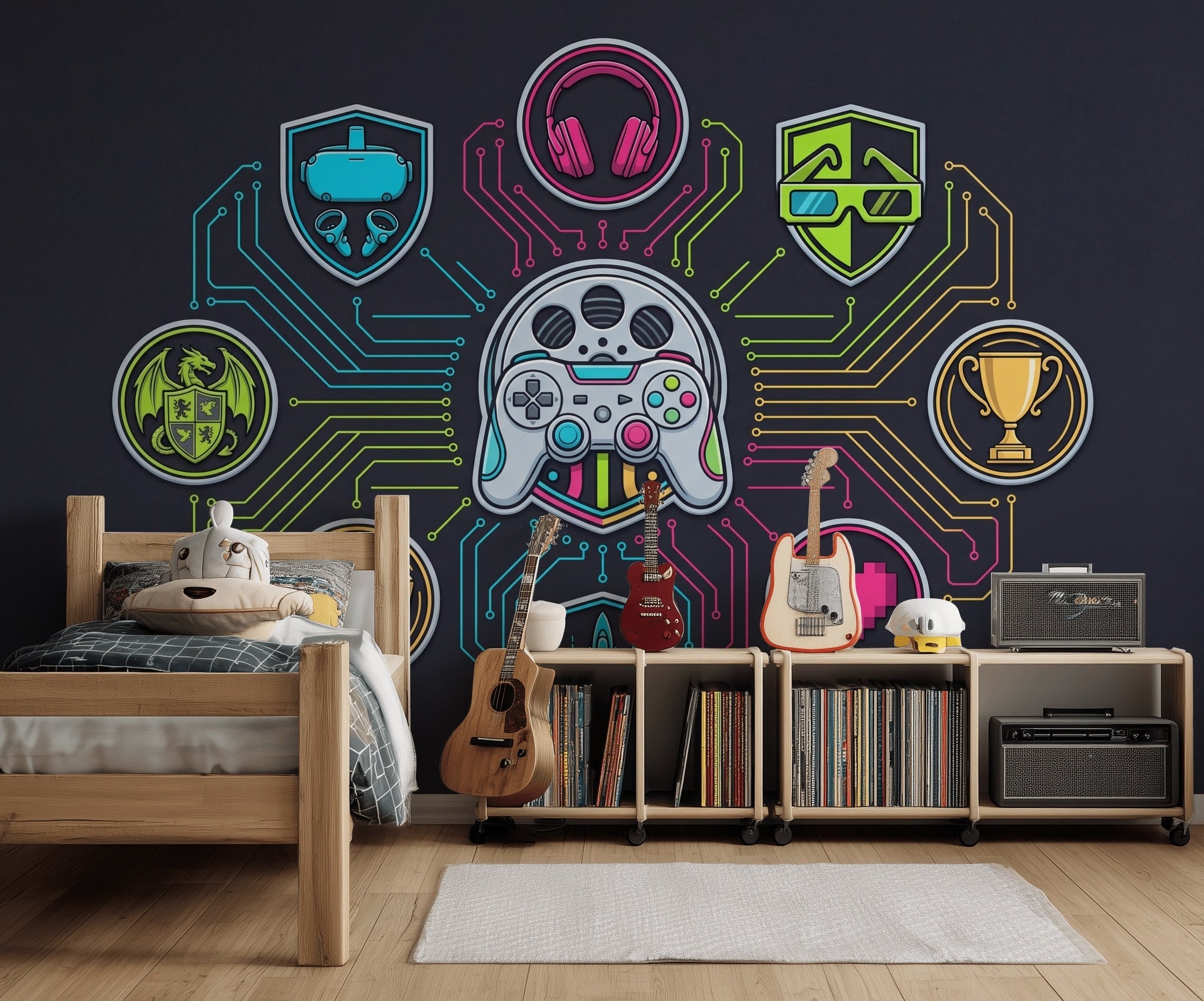 Neon Oyun Temalı Poster Duvar Kağıdı Siyah Genç Odası