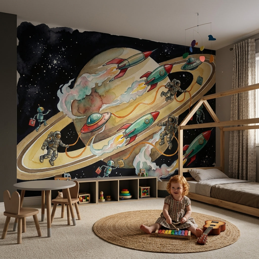 Astronot ve Roketli Uzay Poster Duvar Kağıdı Çocuk Odası