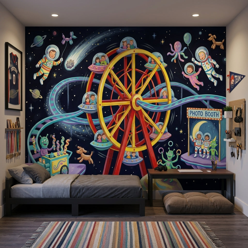 Uzay Temalı Lunapark Poster Duvar Kağıdı Çocuk Odası Lacivert