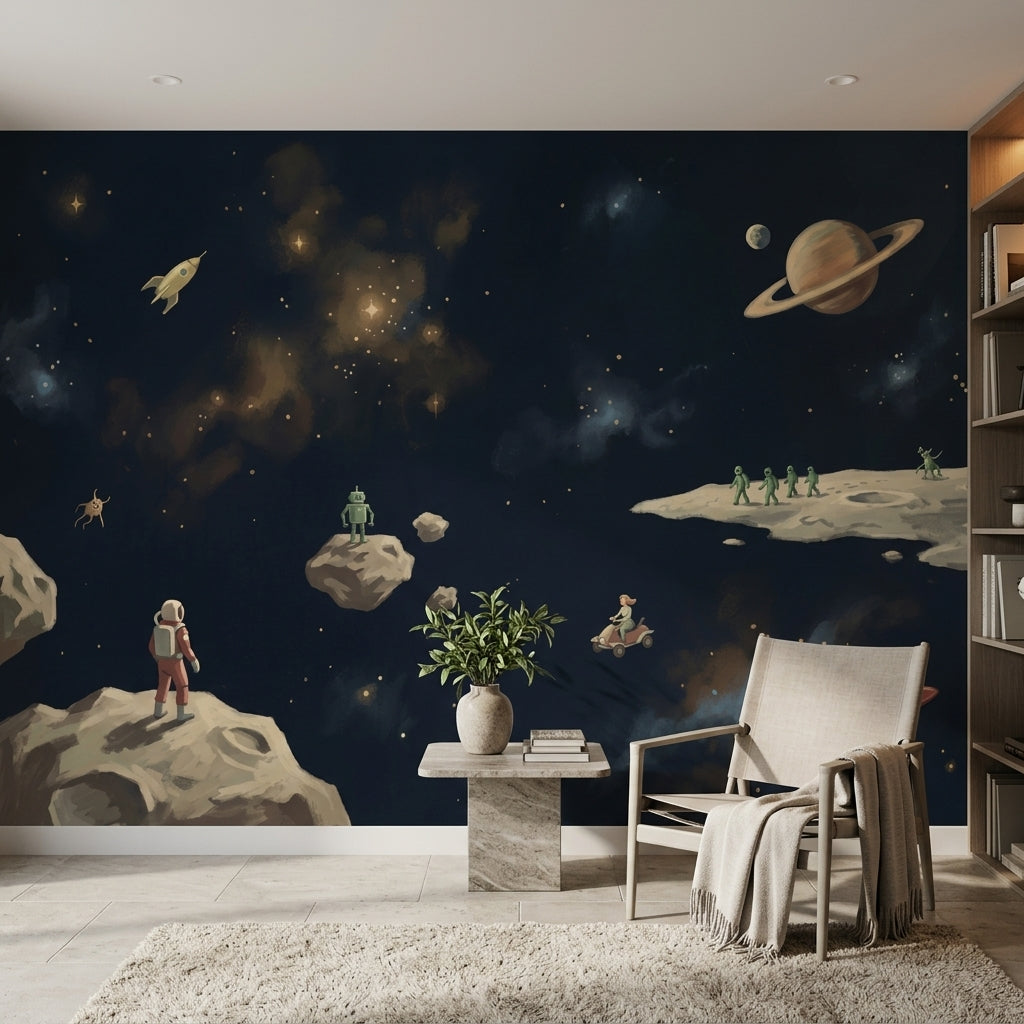 Uzay ve Astronotlu Poster Duvar Kağıdı Çocuk Odası Lacivert