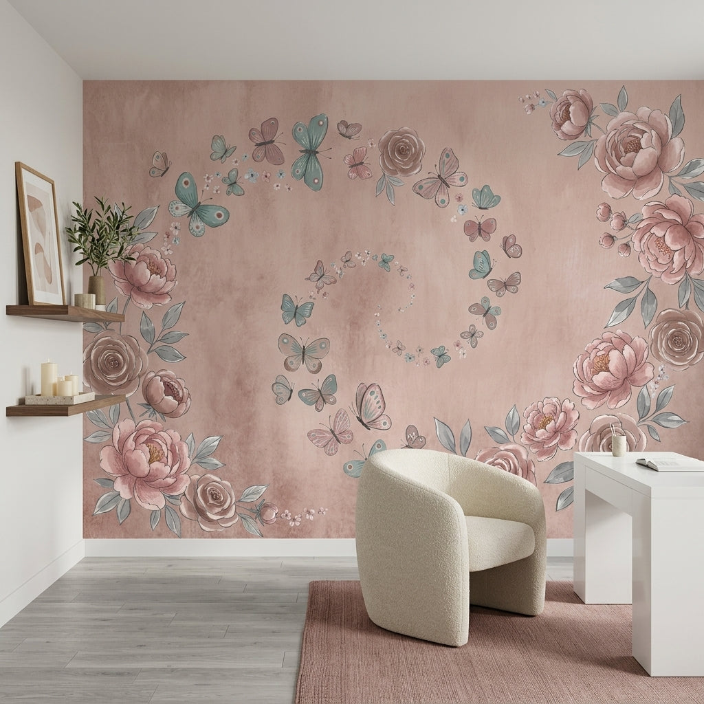 Pudra Pembe Güllü Kelebekli Poster Duvar Kağıdı Yatak Odası
