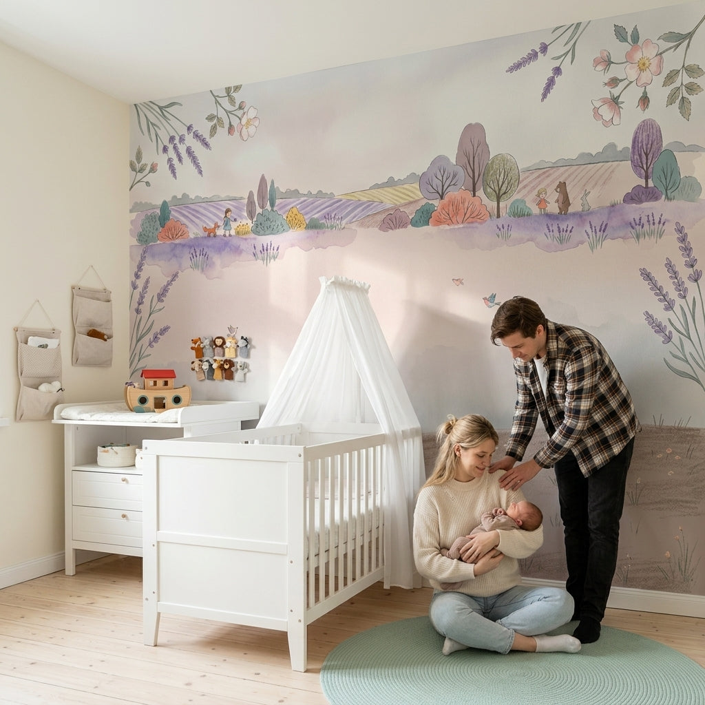 Pastel Kır Manzaralı Poster Duvar Kağıdı Lavanta Detaylı Çocuk Odası