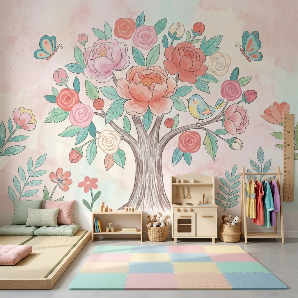 Çiçekli Ağaç Poster Duvar Kağıdı Pastel Çocuk Odası
