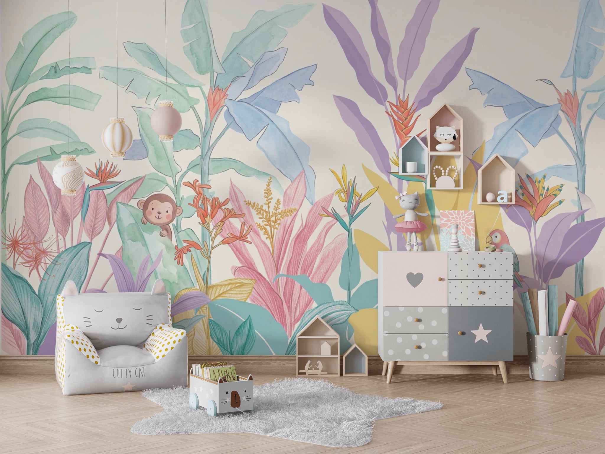 Pastel Tropikal Yapraklı Poster Duvar Kağıdı Bebek Odası