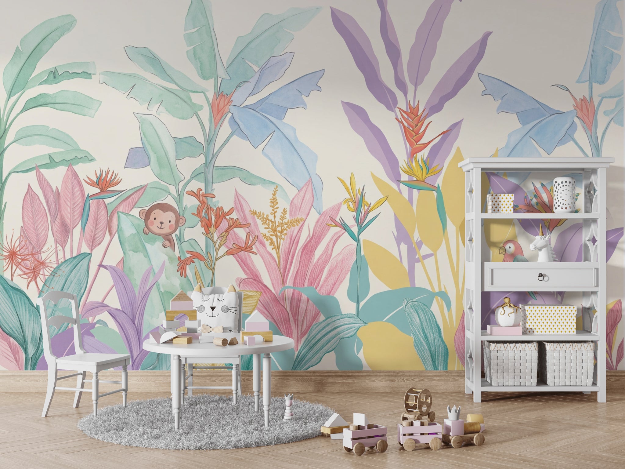 Pastel Tropikal Yapraklı Poster Duvar Kağıdı Bebek Odası