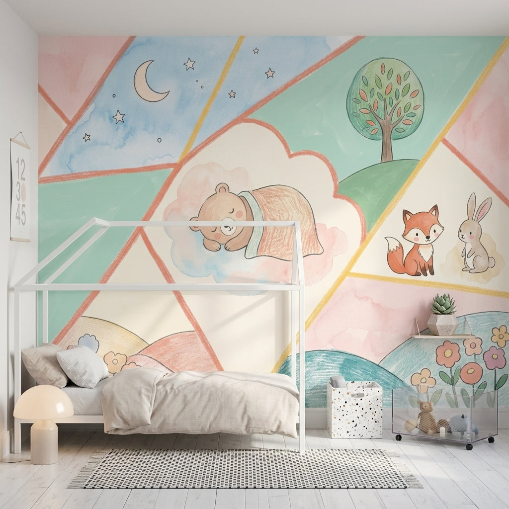 Pastel Hayvanlı Poster Duvar Kağıdı Çocuk Odası Ay Yıldızlı
