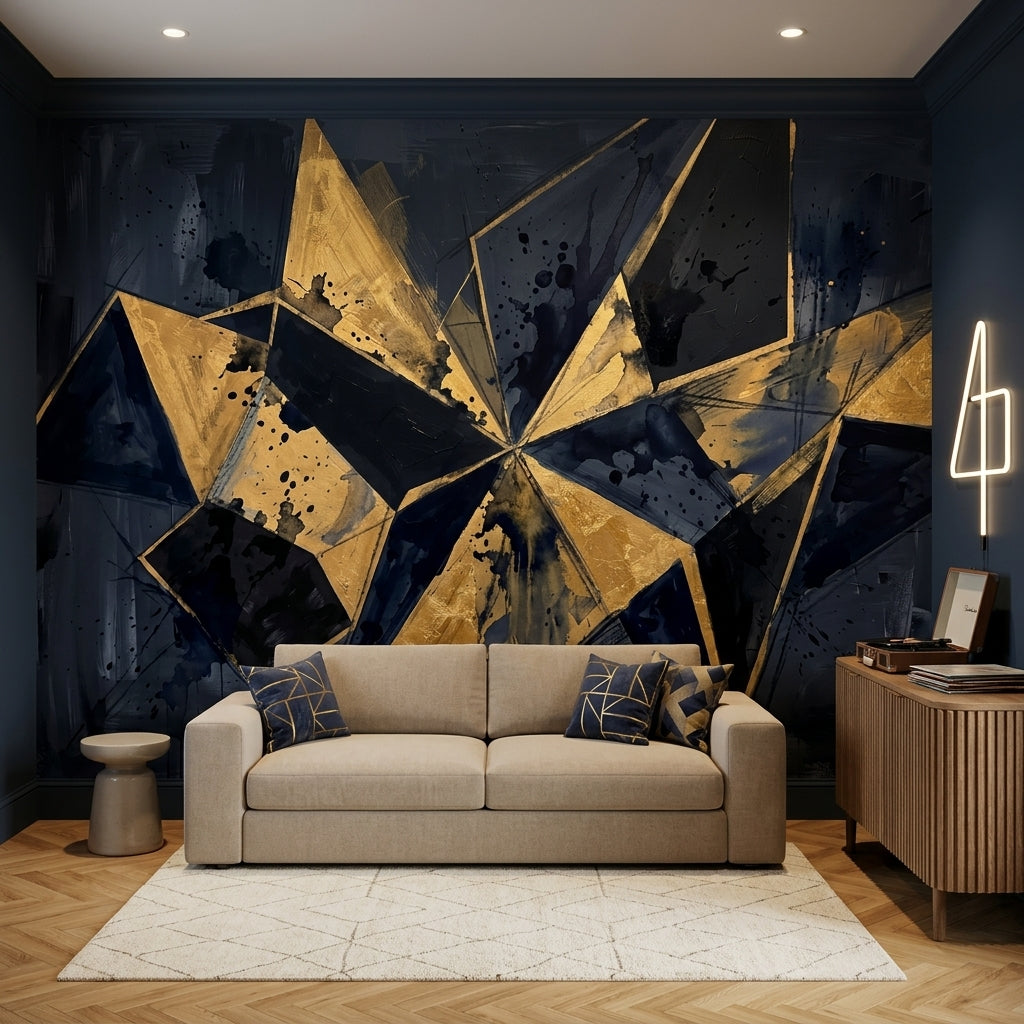 Soyut Geometrik Poster Duvar Kağıdı Lacivert Altın Salon
