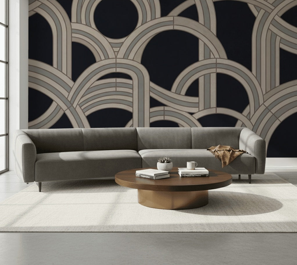 Geometrik Halkalı Poster Duvar Kağıdı Siyah Bej Salon