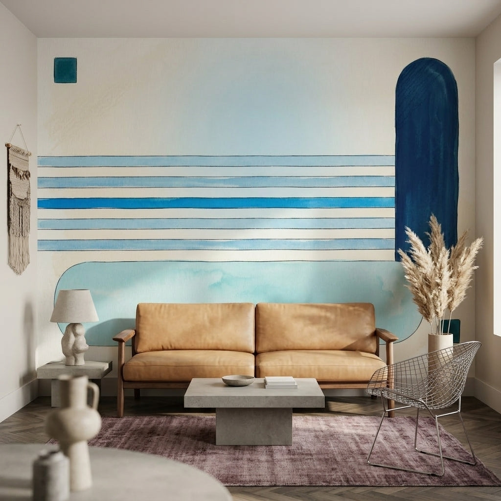 Mavi Çizgili Geometrik Poster Duvar Kağıdı Modern Salon