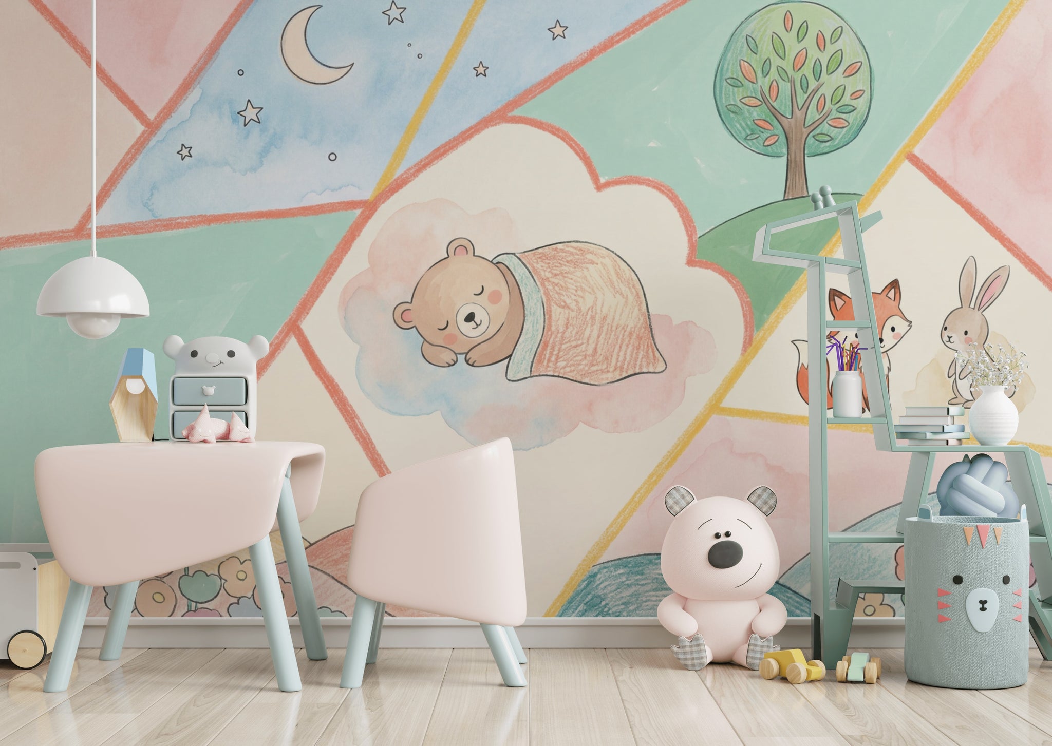 Pastel Hayvanlı Poster Duvar Kağıdı Çocuk Odası Ay Yıldızlı