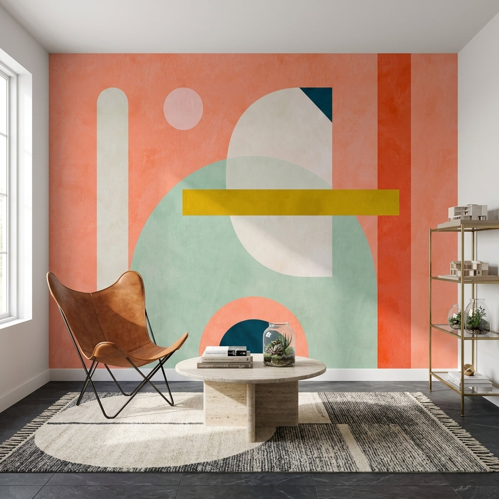 Renkli Geometrik Poster Duvar Kağıdı Turuncu Mint Salon