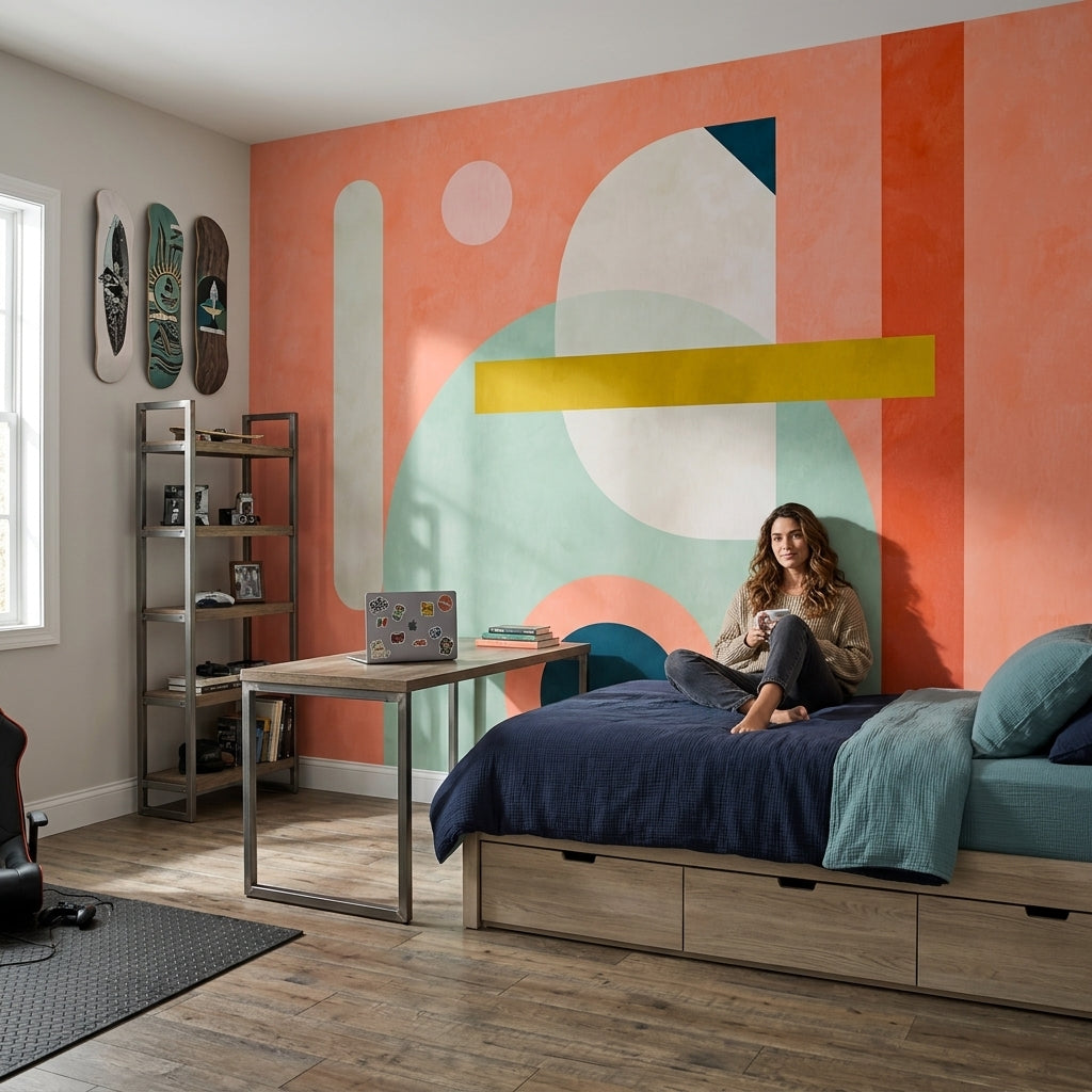 Renkli Geometrik Poster Duvar Kağıdı Turuncu Mint Salon