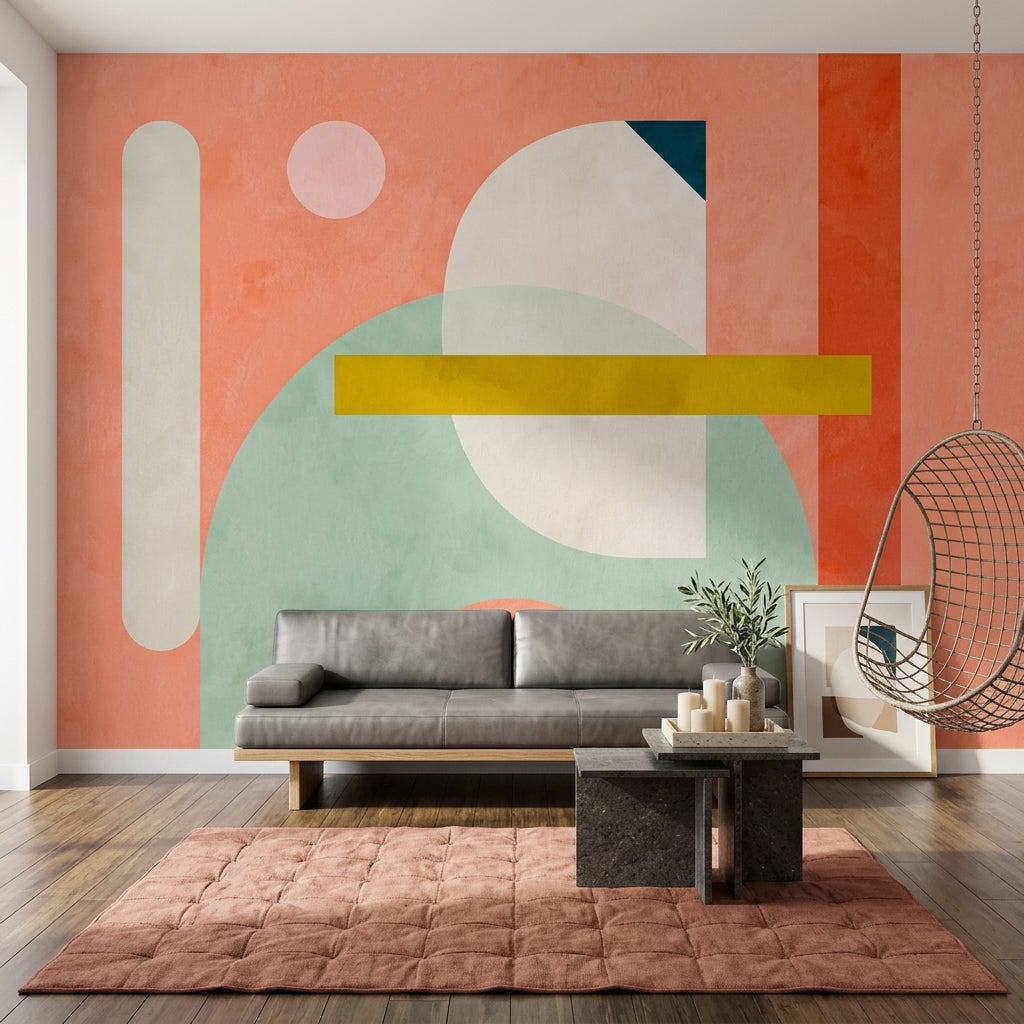 Renkli Geometrik Poster Duvar Kağıdı Turuncu Mint Salon