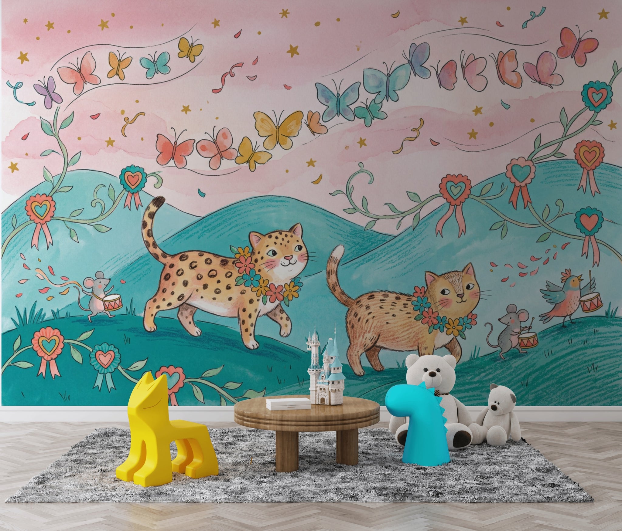 Leoparlı ve Kelebekli Poster Duvar Kağıdı Pastel Çocuk Odası