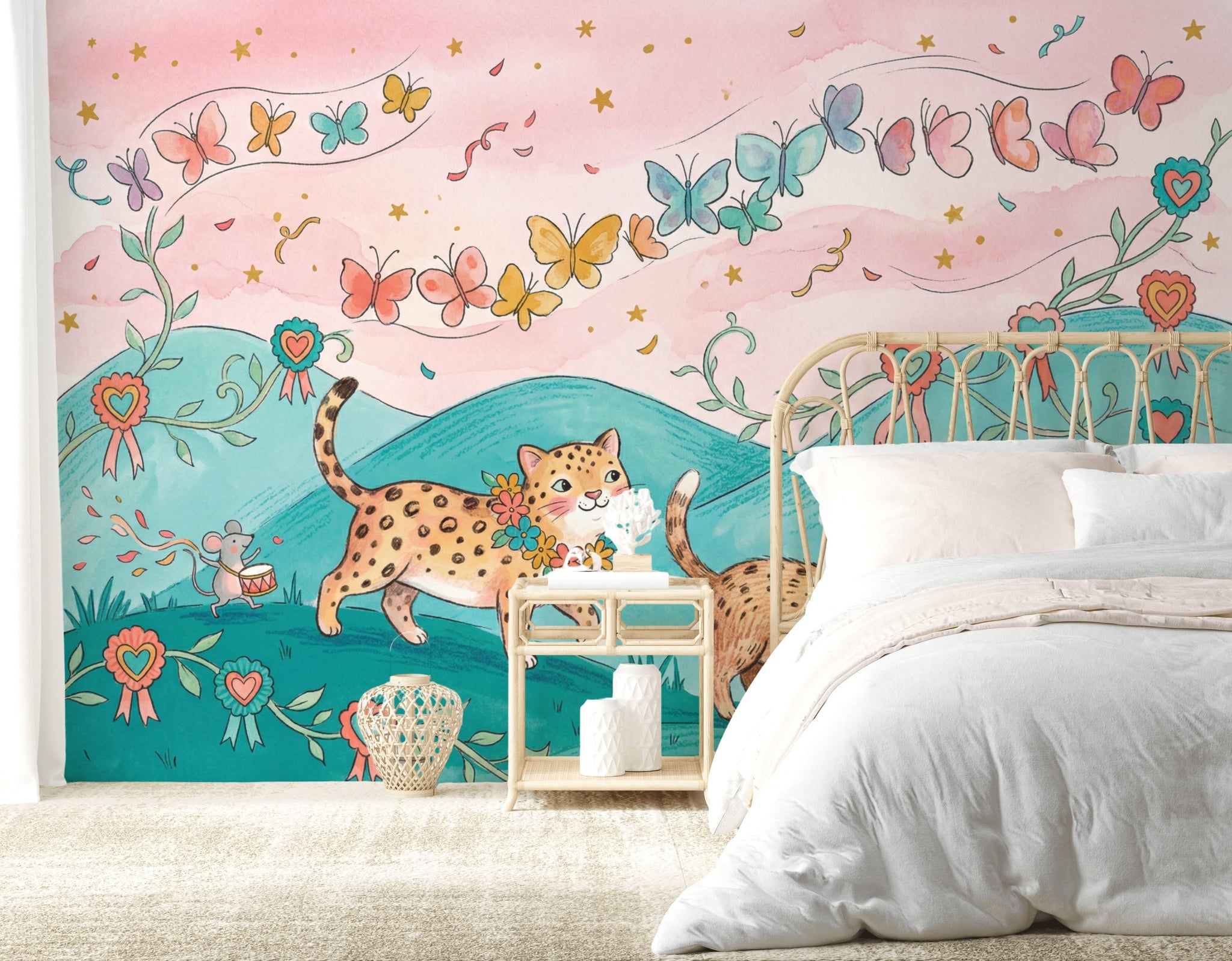 Leoparlı ve Kelebekli Poster Duvar Kağıdı Pastel Çocuk Odası