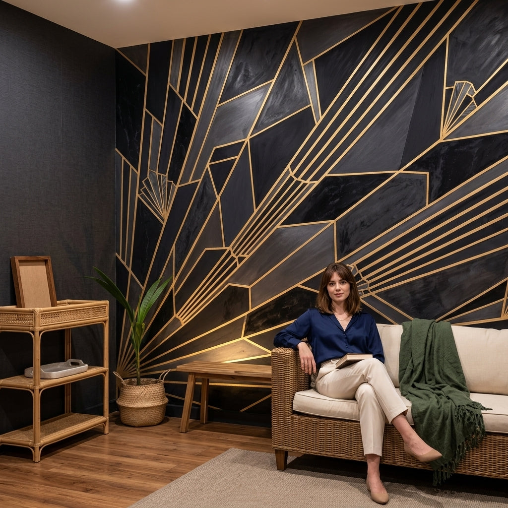Art Deco Geometrik Poster Duvar Kağıdı Siyah Altın Salon