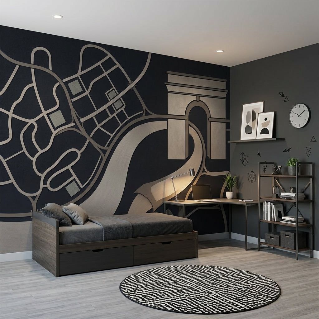 Şehir Haritası Poster Duvar Kağıdı Siyah Gri Modern Salon