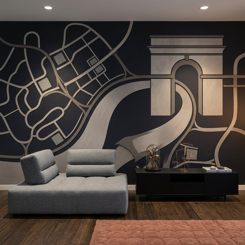 Şehir Haritası Poster Duvar Kağıdı Siyah Gri Modern Salon