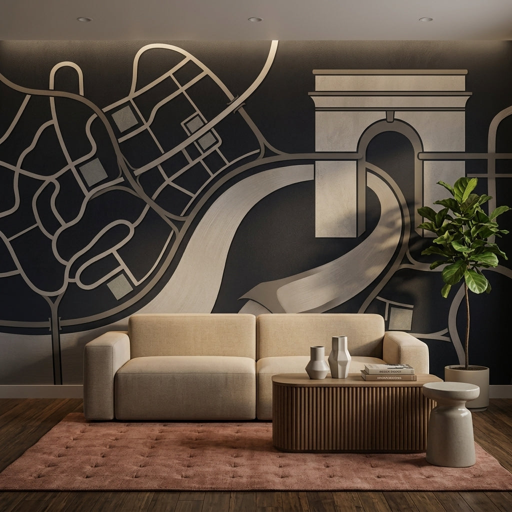 Şehir Haritası Poster Duvar Kağıdı Siyah Gri Modern Salon