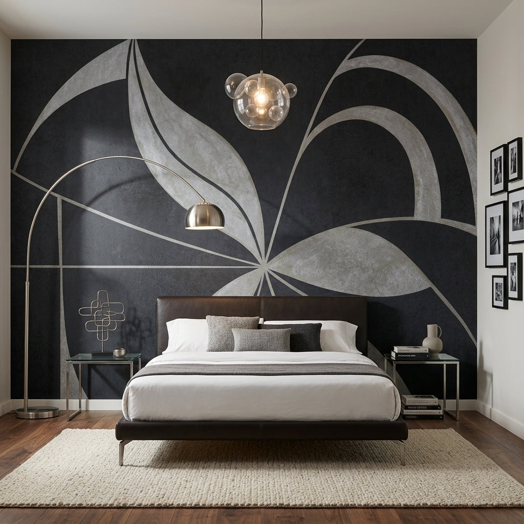Geometrik Yaprak Desenli Poster Duvar Kağıdı Siyah Gri Salon