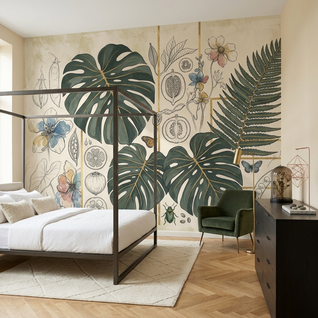 Monstera Yapraklı Poster Duvar Kağıdı Bej Yeşil Botanik Salon
